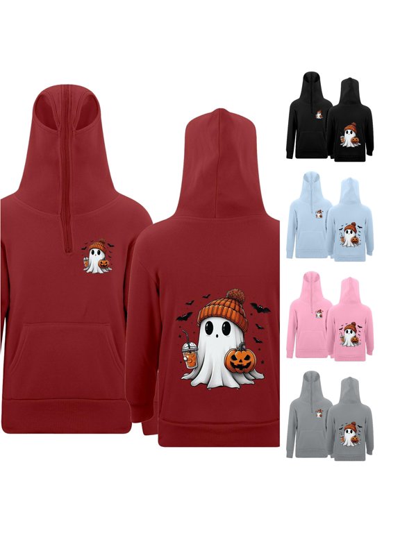 Girl's Simple Ghost Pumpkin Print Hoodie Half Zip Long Sleeve Sweatshirts Halloween Hooded Sweatshirt,Red