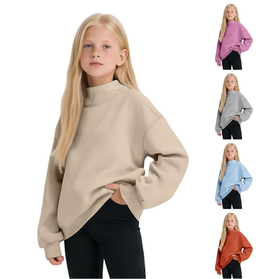 SONXAHE Girls Solid Sweatshirt Long Sleeve Loose Sweatshirts Simple Pullover Top,Beige