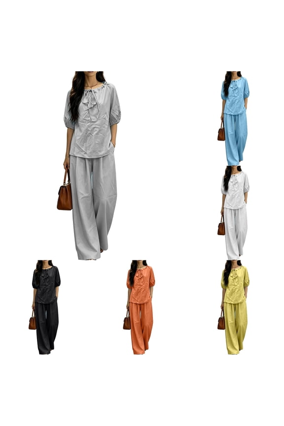 Tie Neck Puff Sleeve Two Piece Set for Women Elastic Waist Daily Urban Matching Pant Suit