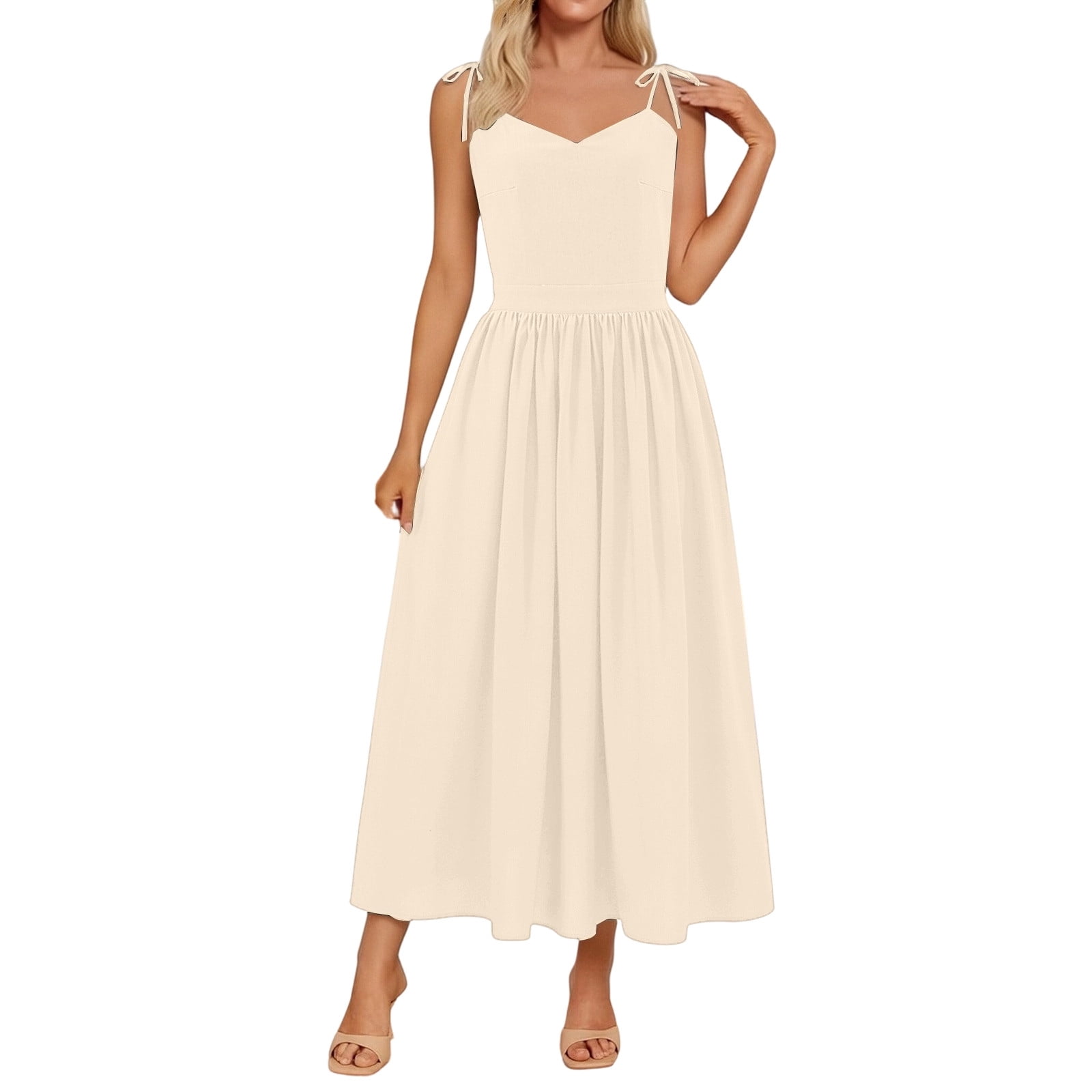 sweetheart neckline cinched waist a-line midi dress SONXAHE Tie Strap for Women Neck A Line Flowy Wedding Guest Sundress CL135752002 embellishment_Appliques Convertible Polka Dot Lace Color:Light  moccaccino