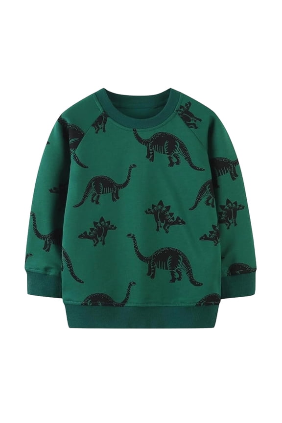 Toddler Boy's Dinosaur Print Sweatshirt Crew Neck Long Sleeve Pullover Casual Wear Sweatshirt,Dark Green