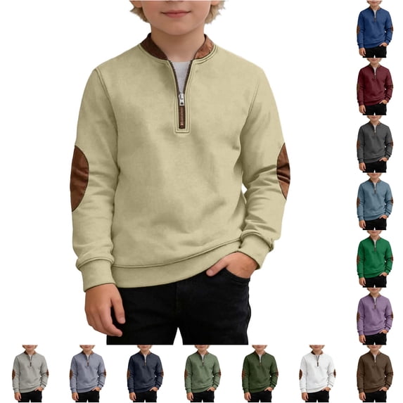 SONXAHE Toddler Boy's Leather Patch Sweatshirt Half Zip Long Sleeve Sweatshirts Daily Wear Pullover Top,Beige