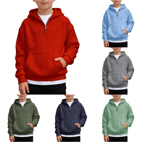 SONXAHE Toddler Boy's Waffle Knit Hoodie Half Zip Solid Long Sleeve Hooded Sweatshirt Casual Tops Kids Basic Sweatshirts,Red