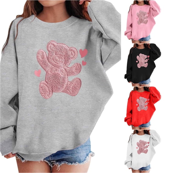 SONXAHE Toddler Girl's Bear Print Sweatshirt Long Sleeve Casual Sweatshirts Daily Sweat Tops,Grey