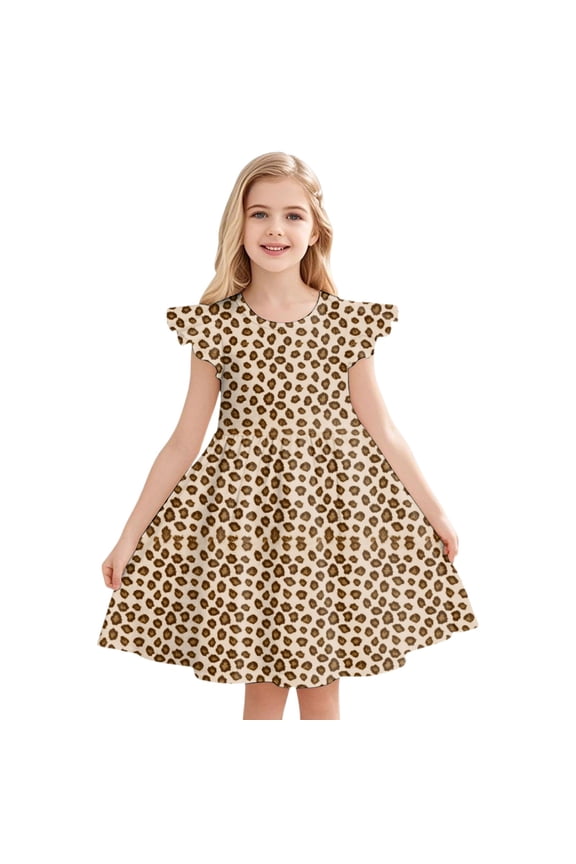 Toddler Girl's Dress Flutter Sleeve Leopard Print A Line Sundress Summer Beach Comfortable Dresses Beige