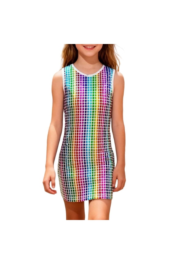 Toddler Girls Dress Rainbow Sequin Crew Neck Sleeveless Dresses Summer Holiday Party Leisure Dress Multi-color