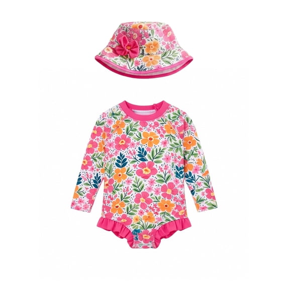 SONXAHE Toddler Girls Long Sleeve Rash Guard Set Leopard Print with Sun Hat Swimwear Cute Baby Swimsuits