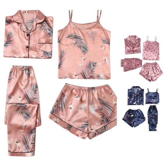 SONXAHE Tropical Bird Leaf Print Satin Pajama Set For Women Four Piece Notch Collar Cami Short Long Pant Night Suit