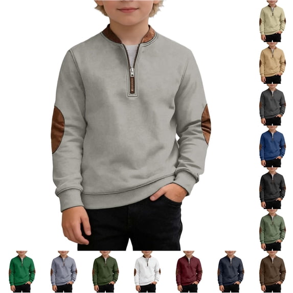 SONXAHE Tween Boy's Leather Patch Sweatshirt Half Zip Long Sleeve Sweatshirts Daily Wear Pullover Top,Grey