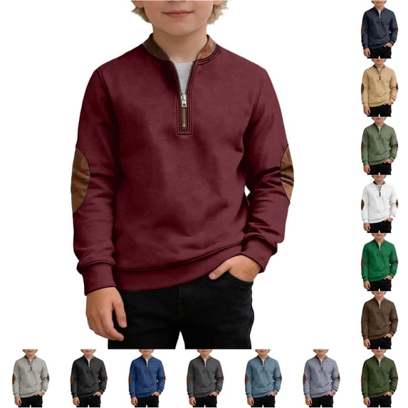 SONXAHE Tween Boy's Leather Patch Sweatshirt Half Zip Long Sleeve Sweatshirts Daily Wear Pullover Top,
