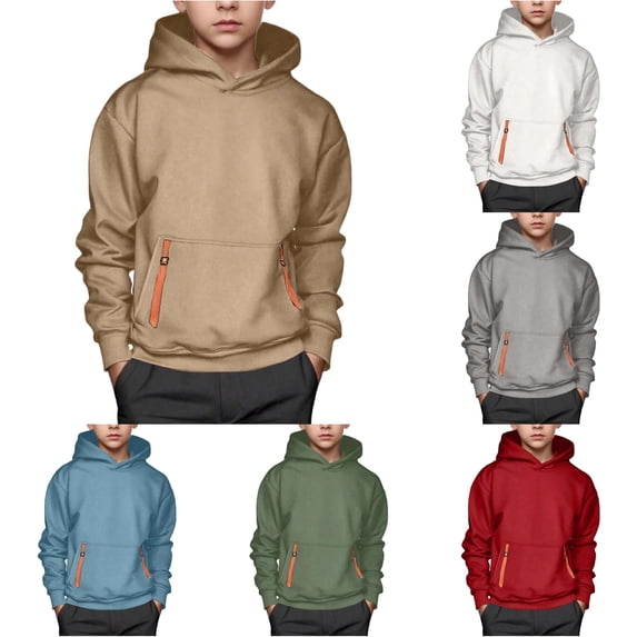 SONXAHE Tween Boy's Pocket Hoodie Solid Long Sleeve Casual Hoody Sweatshirt Streetwear Hooded Sweatshirt,Khaki
