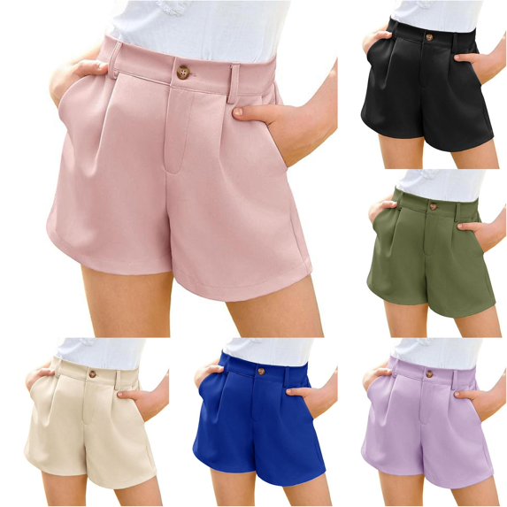 SONXAHE Tween Girl's Button‑Front Pleated Casual Shorts Solid High‑Waist Shorts School Bottoms