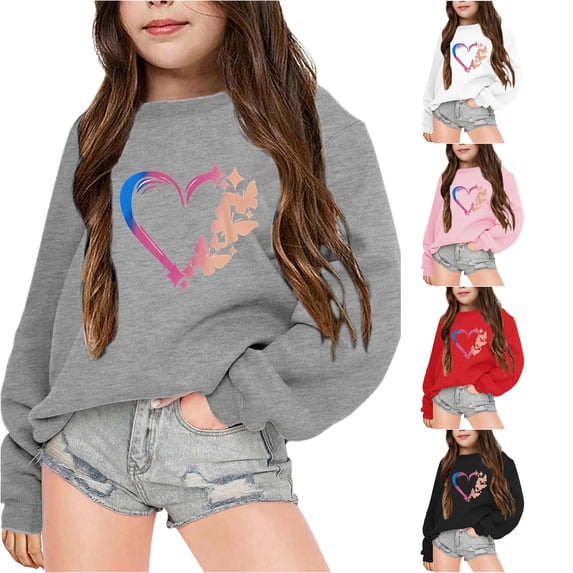SONXAHE Tween Girl's Sweatshirt Butterfly Heart Graphic Crewneck Long Sleeve Sweatshirts Daily School Tops,Grey