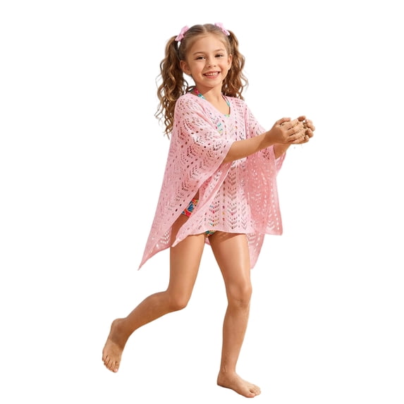 SONXAHE Tween Girls Mesh Crochet Swim Cover Up Solid Lightweight Loose Fit Beach UPF 50+ Tunic Poolside Wraps