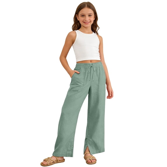 SONXAHE Tween Girls Solid Color Pants Elastic Waist Loose Fit Breathable Drawstring Casual Daily Trousers,Light Green