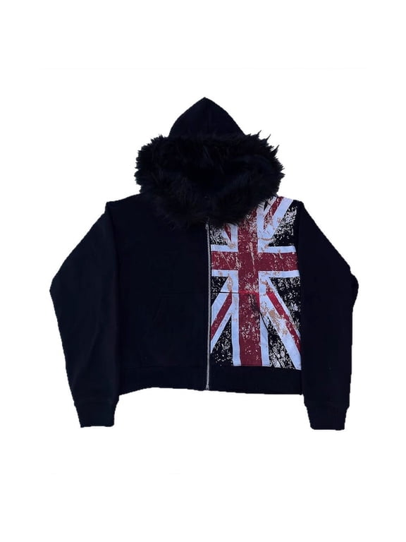 Union Jack Print Zip Hoodie for Men Winter Drawstring Pocket Hoodies