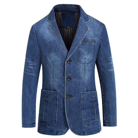 SONXAHE Washed Denim Blazer Jacket For Men Notch Lapel Three Button Long Sleeve Casual Outerwear Coat