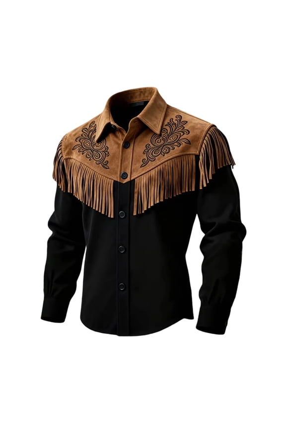Western Fringe-Embroidered Button-Down Shirt for Men Western-Style Rodeo-Inspired Long-Sleeve Casual Tunic