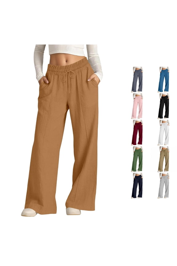 Wide Leg Drawstring Pants for Women Side Pocket Relaxed Walking Trousers