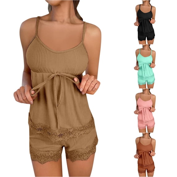 SONXAHE Women Ribbed Lace Cami Short Pajama Set
