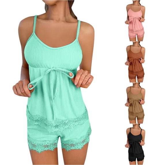SONXAHE Women Ribbed Lace Cami Short Pajama Set