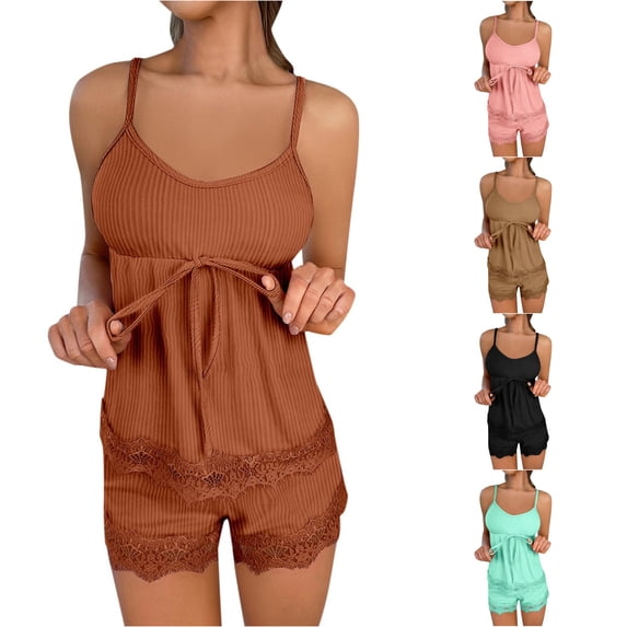 SONXAHE Women Ribbed Lace Cami Short Pajama Set