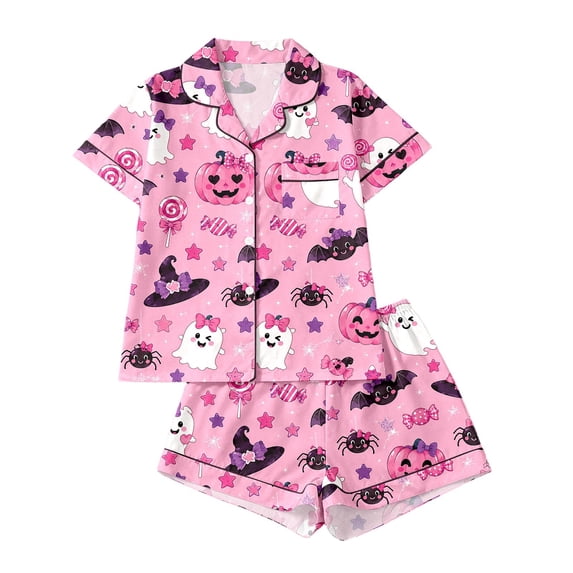 SONXAHE Women's 2‑Piece Halloween Ghost Pumpkin Pajama Set Short Sleeve Top Elastic Shorts Sleepwear