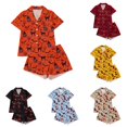 thumbnail image 1 of SONXAHE Women's 2‑Piece Halloween Pumpkin Haunted House Bat Print Pajama Set Button Up Short Sleeve Top Elastic Waist Shorts Festive Sleepwear, 1 of 9