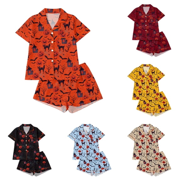 SONXAHE Women's 2‑Piece Halloween Pumpkin Haunted House Bat Print Pajama Set Button Up Short Sleeve Top Elastic Waist Shorts Festive Sleepwear