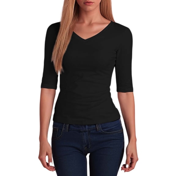 SONXAHE Women's 3/4 Sleeve V-Neck Tee Fitted Casual Everyday And Weekend Basic T-Shirts