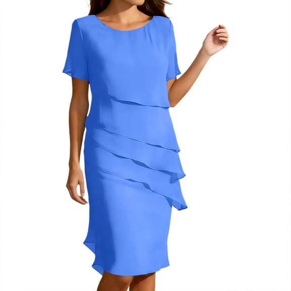 SONXAHE Women's Asymmetrical Layered Midi Dress Short Sleeve Elegant Formal Sheath Gown