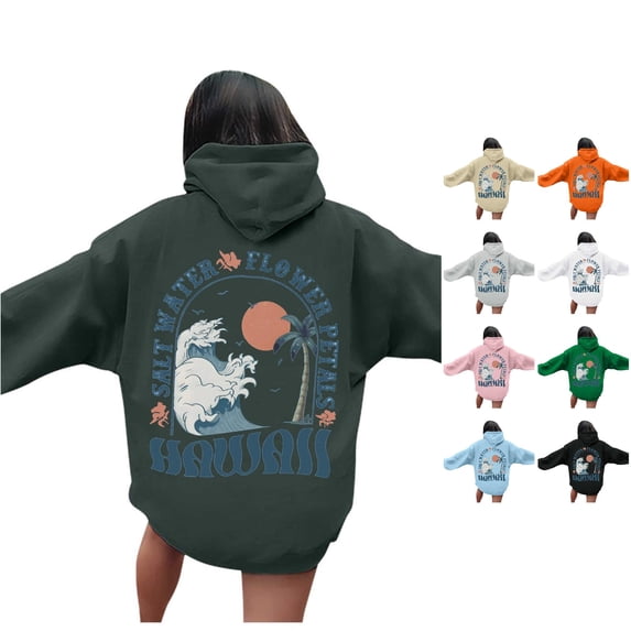 SONXAHE Women's Back-Wave-Print Hoodie Oversized-Fit Hoodies Beach Vacation Hooded Sweatshirt
