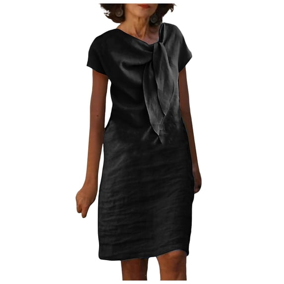 SONXAHE Women's Chic Tie-Neck Knee Length Dress Short Sleeve Formal Daily Sheath Mini Dress