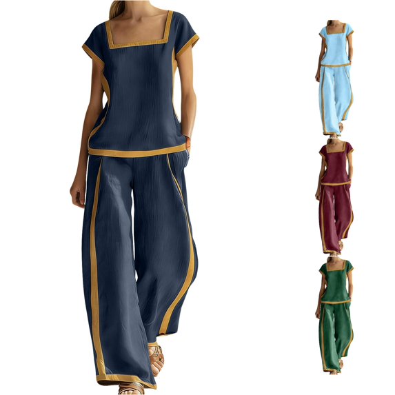 SONXAHE Women's Contrast Trim Matching Sets Square Neck Resort Vacation Suits