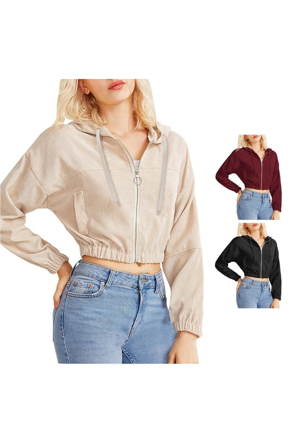 Women's Cropped Full-Zip Hooded Jacket Long-Sleeve Relaxed-Fit Jackets Daily Street Casual Outer Tops