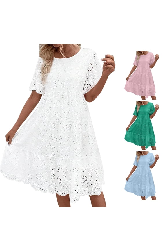 Women's Eyelet Embroidery Midi Dress Crew Neck Short Sleeve Tiered Silhouette Vacation Long Sundress