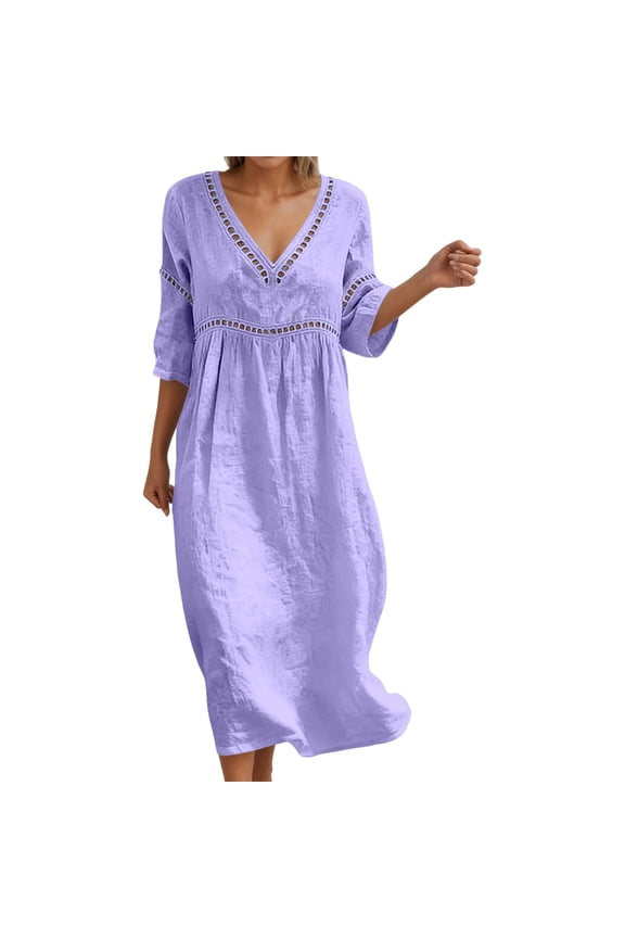 Women's Eyelet Trim Midi Dress V Neck Three Quarter Sleeve Bohemian Casual Tunic Dress