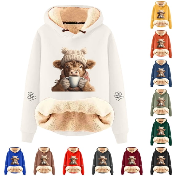 SONXAHE Women's Lined Highland Cow Graphic Hoodie Soft Daily Hoodies Cold Weather Hooded Sweatshirt