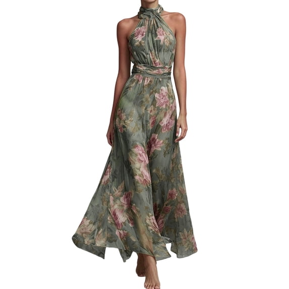 SONXAHE Women's Floral Print Halter Maxi Dress Sleeveless Ruched Waist Flowy Formal Wedding Guest Gown