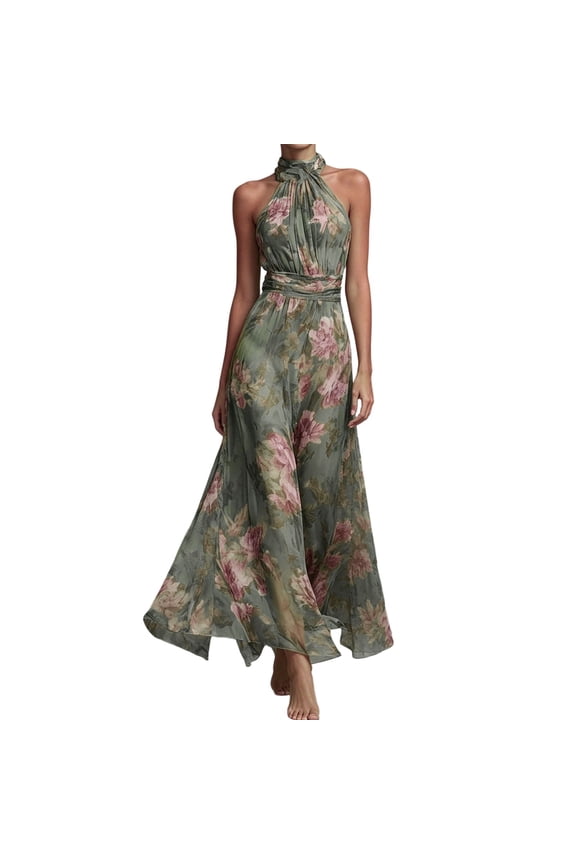 Women's Floral Print Halter Maxi Dress Sleeveless Ruched Waist Flowy Formal Wedding Guest Gown