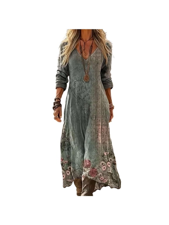 Women's Floral Print Maxi Dress Long Sleeve V Neck Bohemian Western Casual Sundress