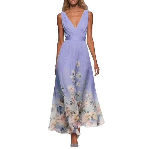 SONXAHE Women's Floral Print Maxi Dress Sleeveless Deep V-Neck Waisted Flowy Formal Evening Party Gown