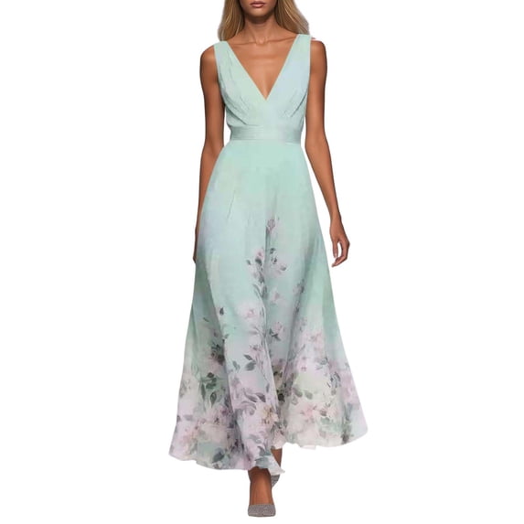 SONXAHE Women's Floral Print Maxi Dress Sleeveless Deep V-Neck Waisted Flowy Formal Evening Party Gown