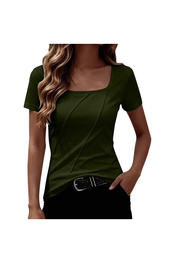 Women's Form-Fitting Square-Neck T-Shirt Seamed Everyday Casual Short Sleeve Blouse