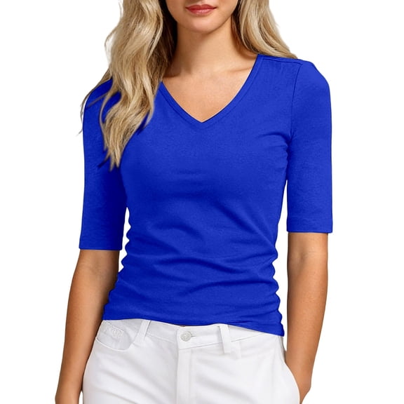 SONXAHE Women's Form-Fitting V-Neck T-Shirt Elbow-Length Sleeve Casual Everyday Basic Tee
