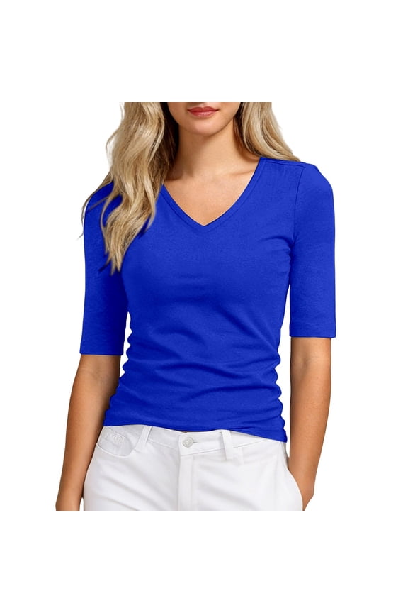 Women's Form-Fitting V-Neck T-Shirt Elbow-Length Sleeve Casual Everyday Basic Tee