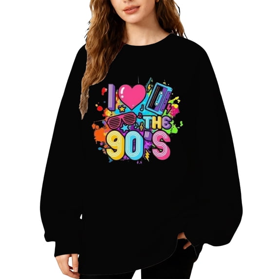 SONXAHE Women's Graphic Print Crew Neck Sweatshirt Oversized Fit Retro 90s Fall Pullover Tops