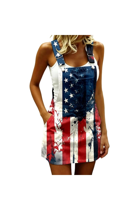 Women's Grunge-Print Overall Skirt Relaxed Beach-Day Mini Overall Dress