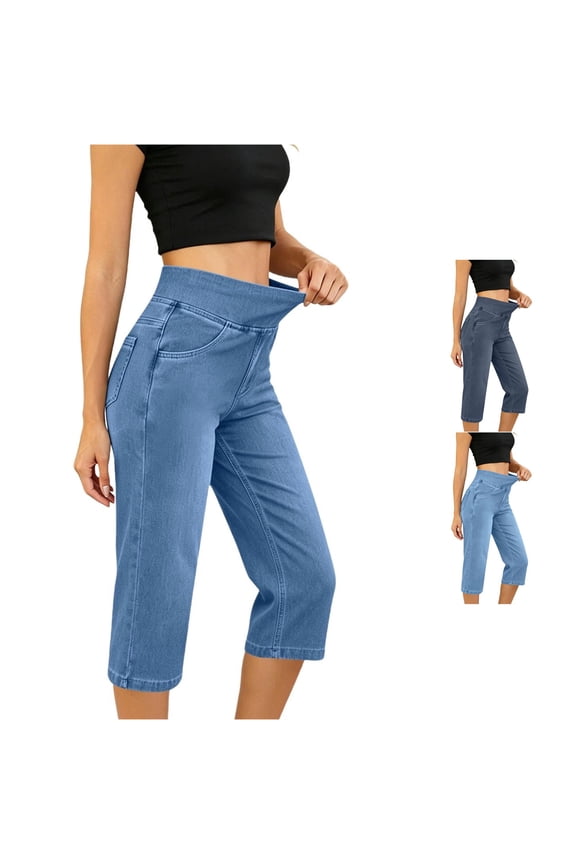 Women's High Rise Capri Jeans Stretchy Fold Waist Jeans Weekend Casual Cropped Bottoms