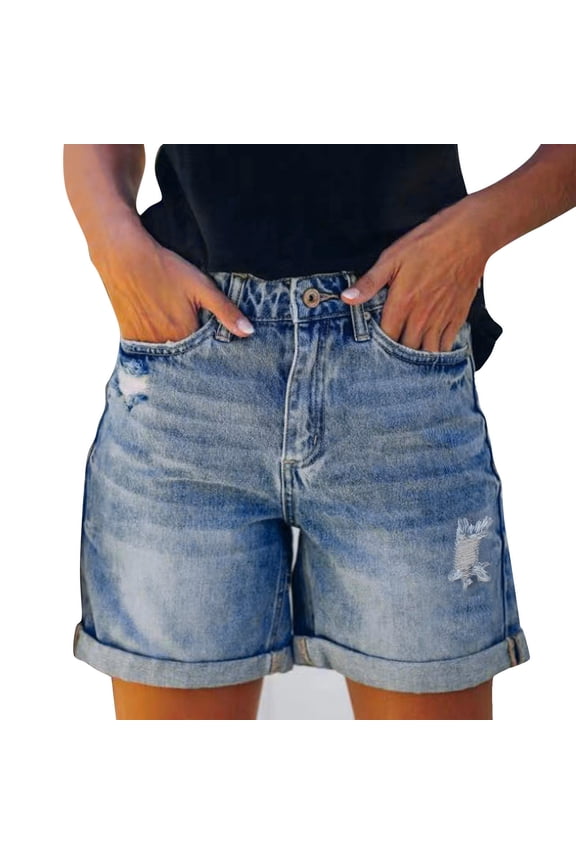 Women's High Rise Denim Shorts Ripped Roll Hem Weekend Jean Bottoms